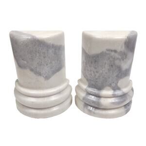 Vintage Pair Classic Art Deco Natural Marble Bookends 6" White Heavy Set Of 2